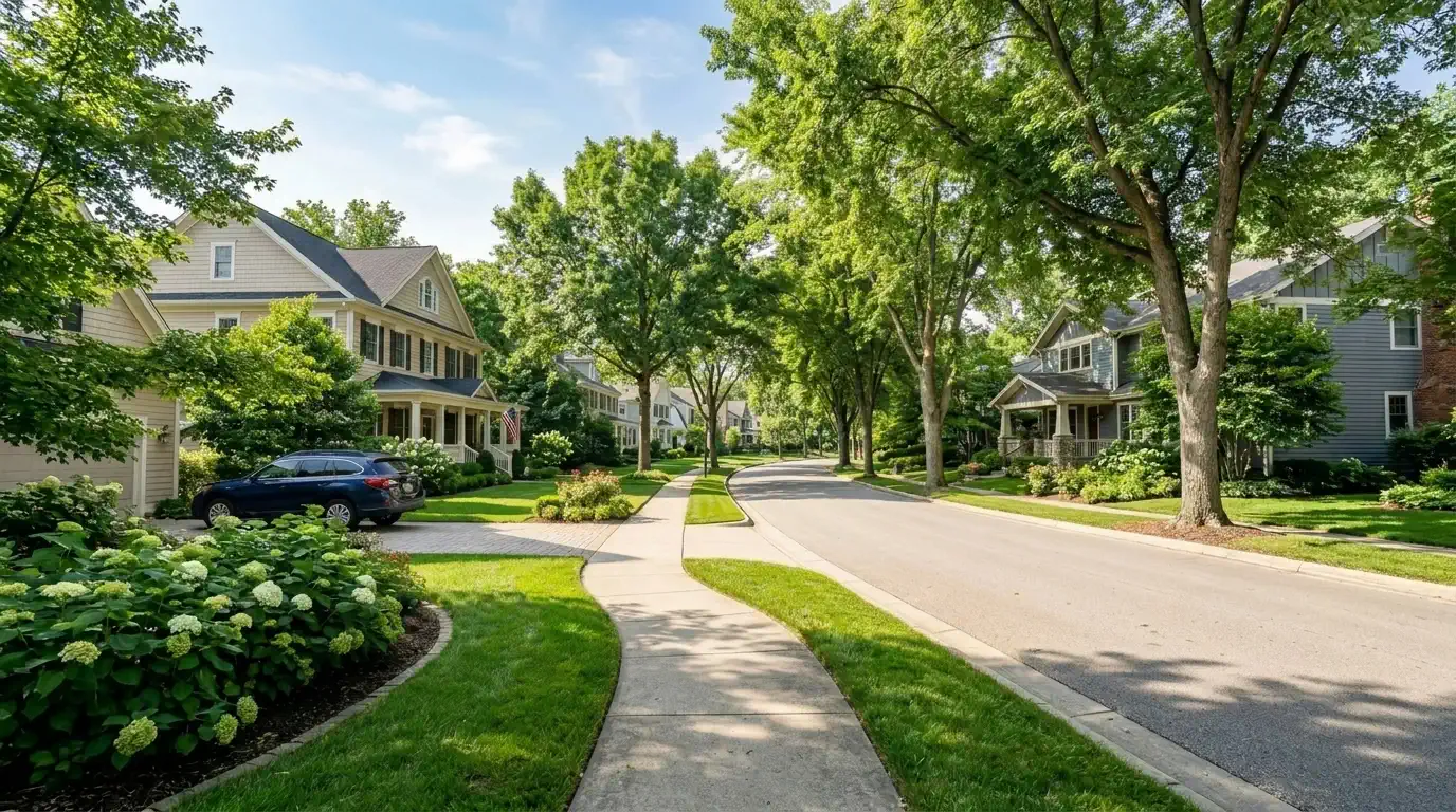 A sample neighborhood walkthrough still: a tree-lined street on a sunny morning, showing the kind of footage agents capture for neighborhood video guides.